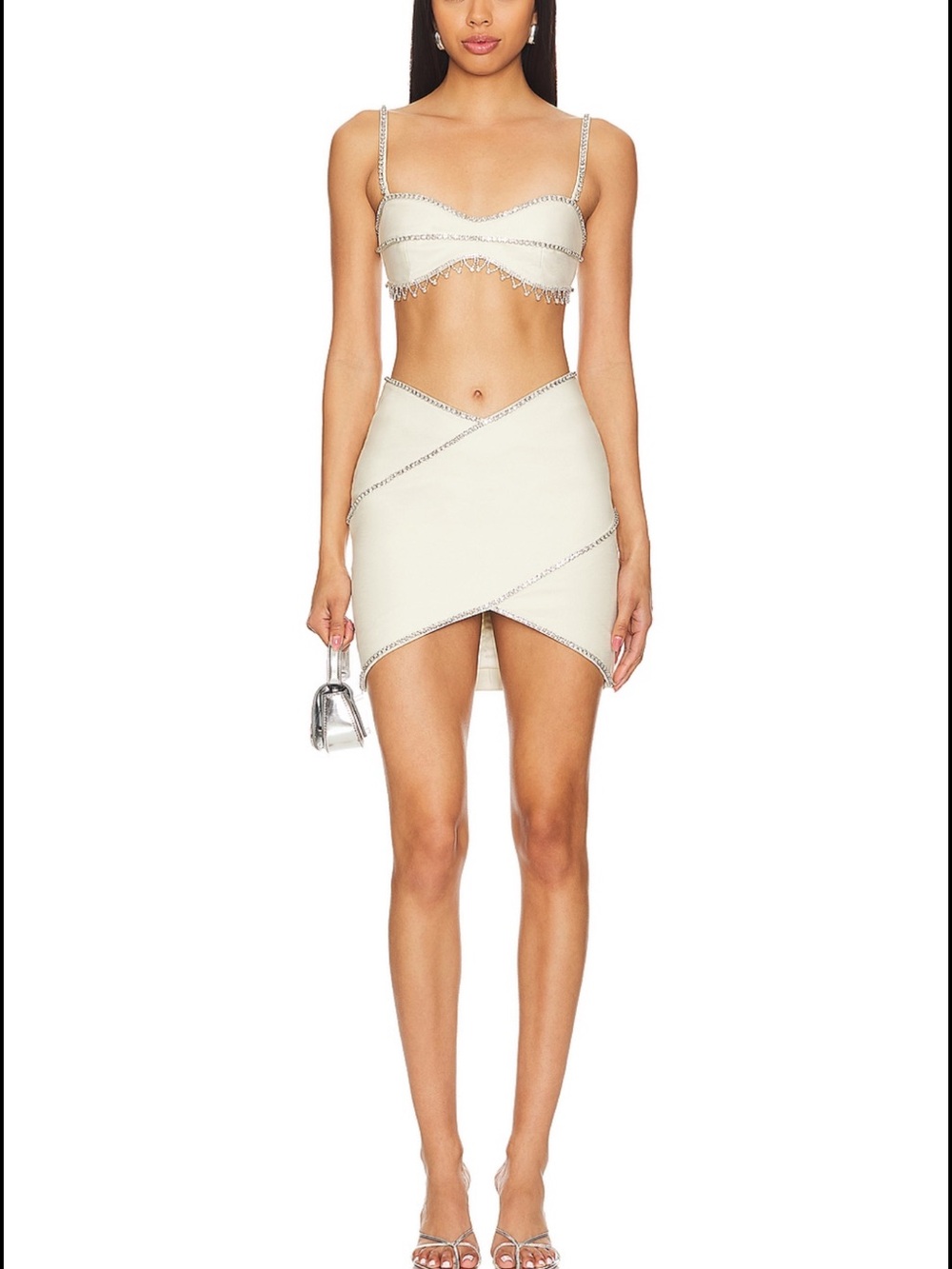 NBD Ivory Asymmetric Wrap Mini Skirt Set with Crystal Trim